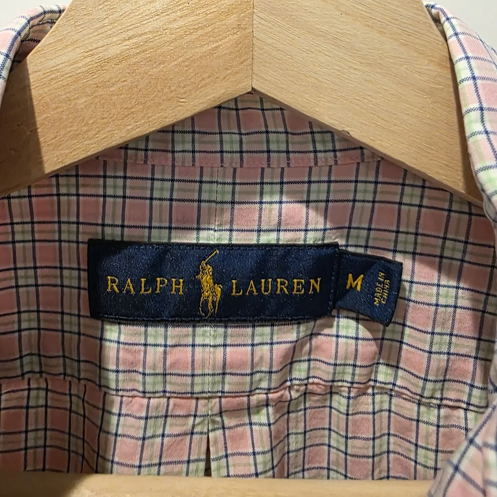 Ralph Lauren Men's Button-Down Short Sleeve Shirt M Pink Green White Check